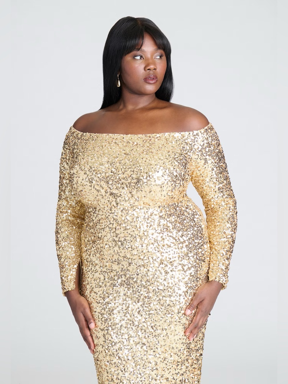 ELOQUII OFF THE SHOULDER SEQUIN COLUMN DRESS IN GOLD - Picture 5 of 12